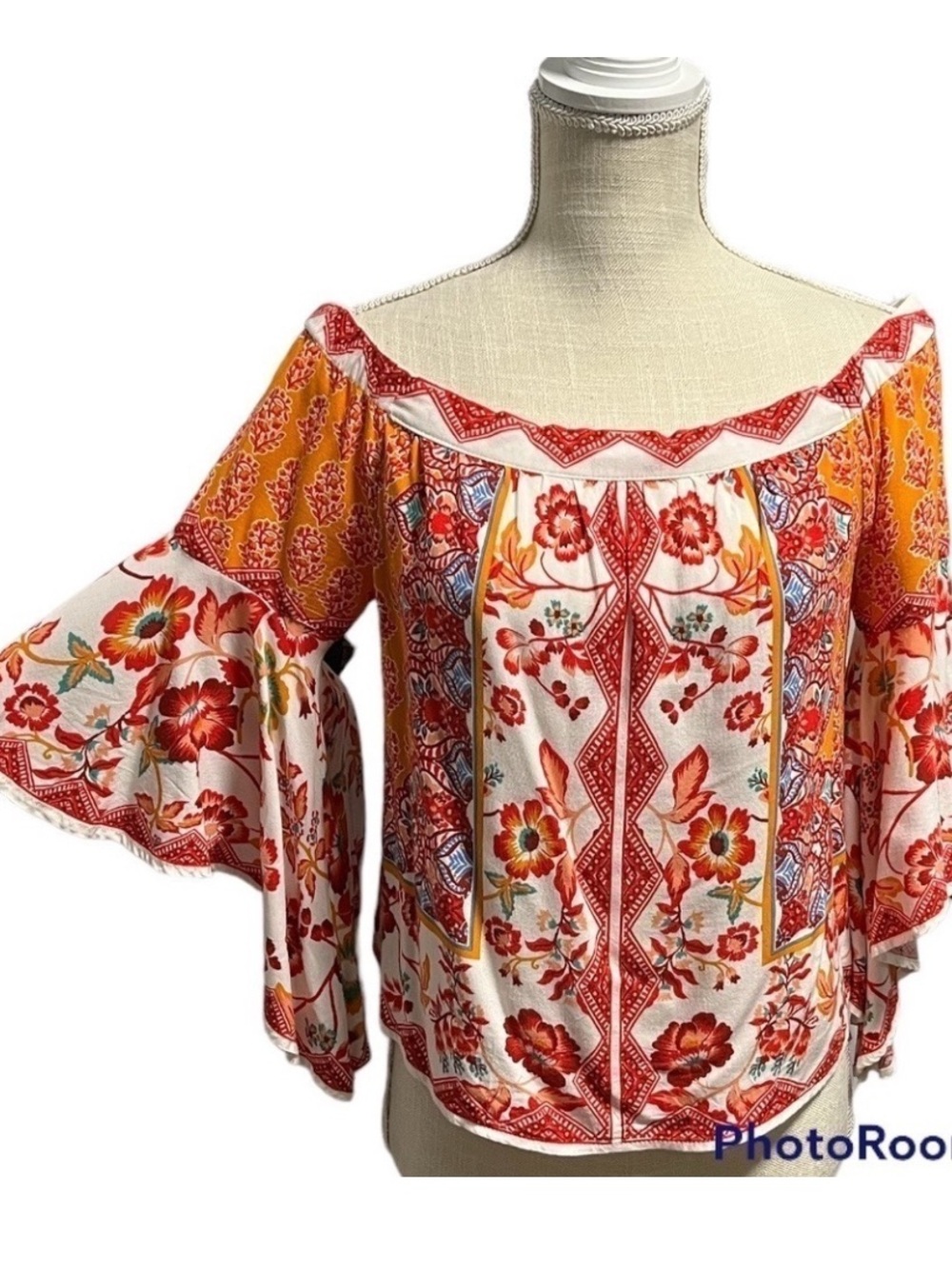 Flying Tomato Orange Multi-Color
Artsy Bohemian off shoulder Hippie Blouse